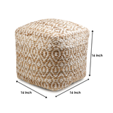 Handwoven Square Pouf for Living Room/Bedroom, Ottoman Foot Stool filled with Bean, Textured Material,16" x 16" x 16" - Grange-Ivory