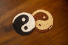 Zen Ying & Yang Motif Natural Wood Bead Embroidered Round Coasters, Brown & Cream, 4”