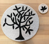 Coasters Glass Bead Embroidered Tree of Life Motif Round, Black & White, 4”
