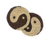 Zen Ying & Yang Motif Natural Wood Bead Embroidered Round Coasters, Brown & Cream, 4”