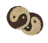 Zen Ying & Yang Motif Natural Wood Bead Embroidered Round Coasters, Brown & Cream, 4”