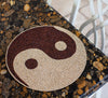 Wood Beaded Placemats, Embroidered Zen Yin & Yang Motif Round, Brown & Cream,15”