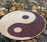 Wood Beaded Placemats, Embroidered Zen Yin & Yang Motif Round, Brown & Cream,15”